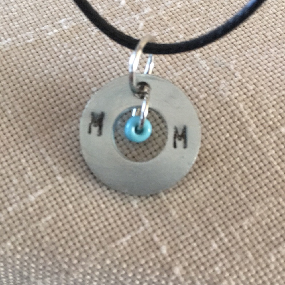 Hand Crafted MOM Pendant Necklace Stamped Washer